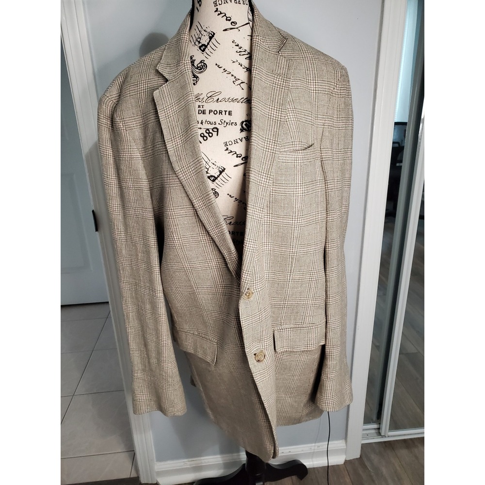 Mens Tan Glen Plaid Two Button Blazer Sport Coat with Pink Accents